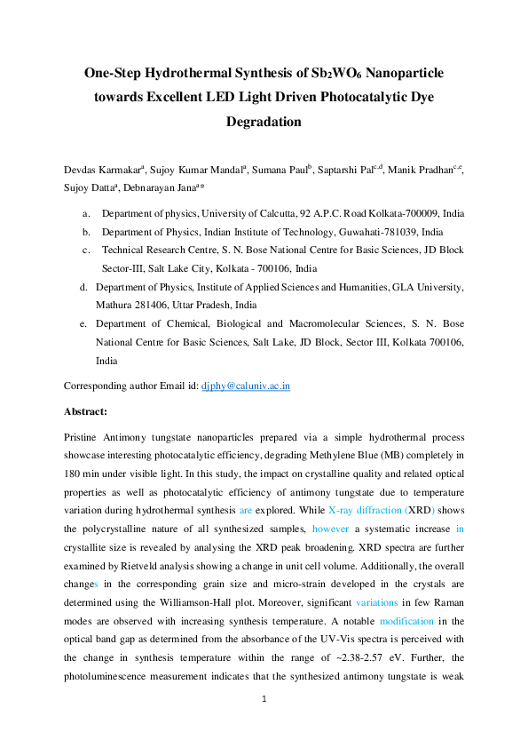 (PDF) One-step hydrothermal synthesis of Sb2WO6 nanoparticle towards ...