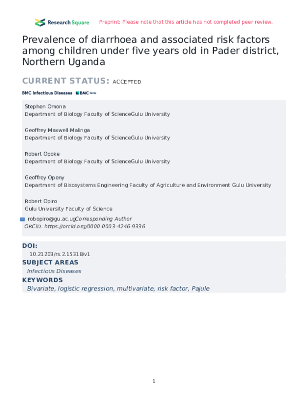 (PDF) Prevalence of diarrhoea and associated risk factors among ...