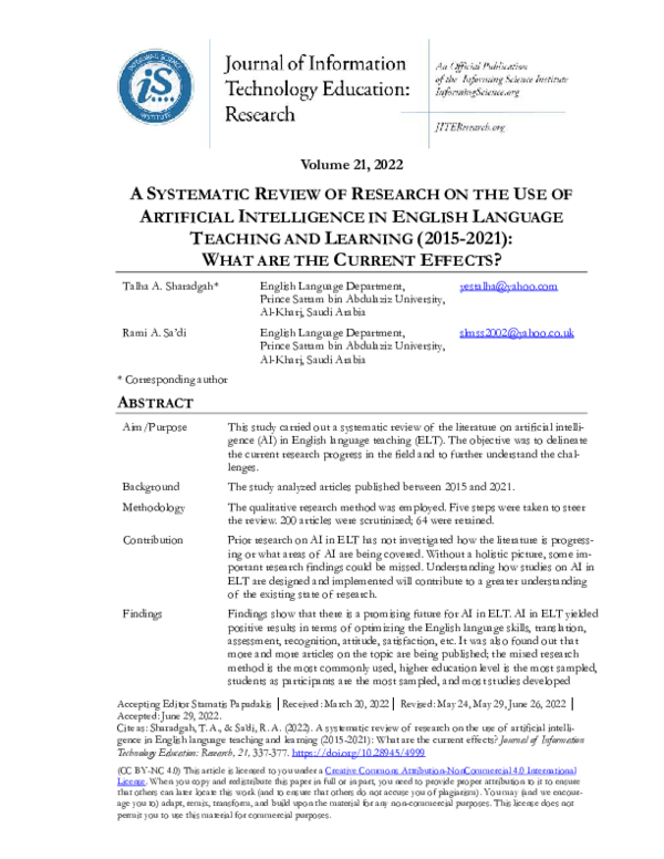 (PDF) A Systematic Review of Research on the Use of Artificial ...