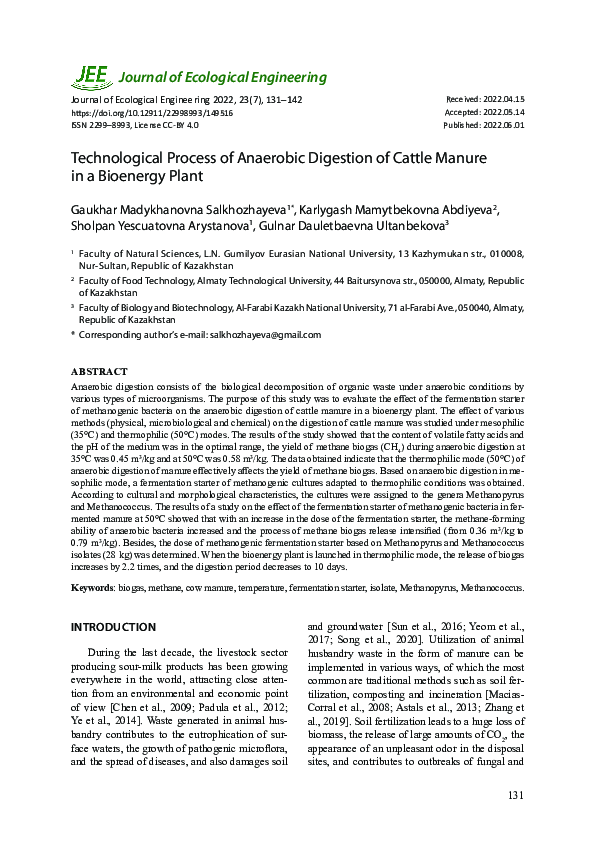 (PDF) Technological Process of Anaerobic Digestion of Cattle Manure in ...