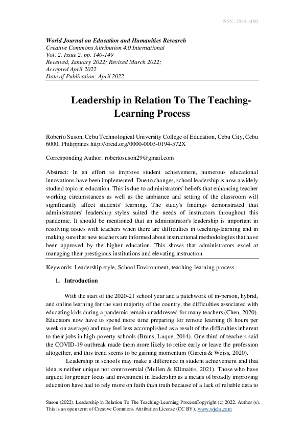 (PDF) Leadership in Relation To The Teaching-Learning Process