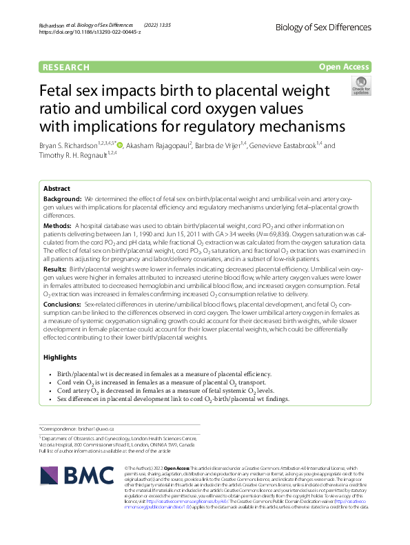 (PDF) Fetal sex impacts birth to placental weight ratio and umbilical ...