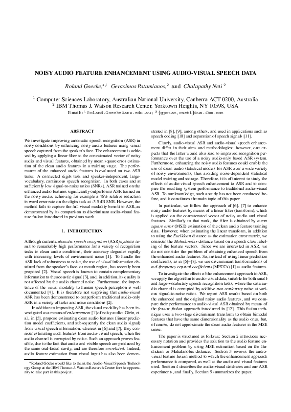 (PDF) Noisy audio feature enhancement using audio-visual speech data