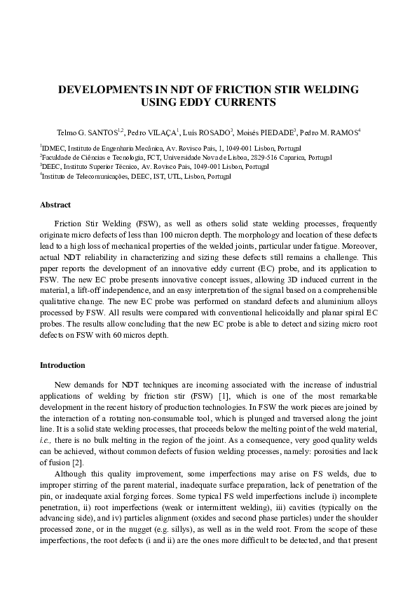 (PDF) Developments in NDT of Friction Stir Welding Using Eddy Currents
