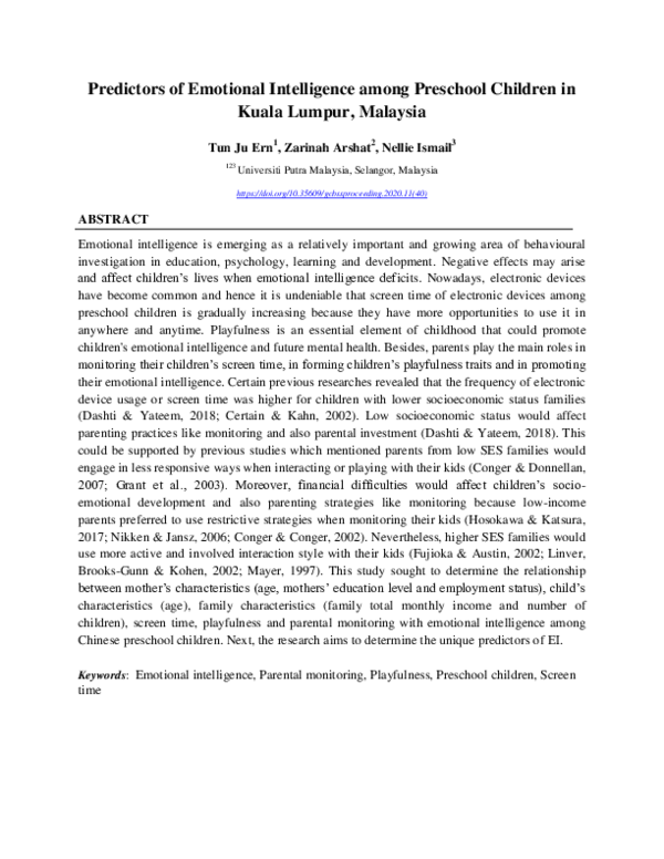 Predictors of Emotional Intelligence among Preschool Children in Kuala ...