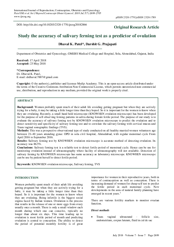 (PDF) Study the accuracy of salivary ferning test as a predictor of ovulation darshit