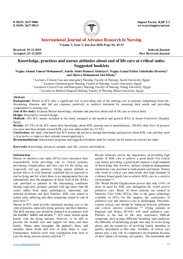 (PDF) Knowledge, practices and nurses attitudes about end of life care ...
