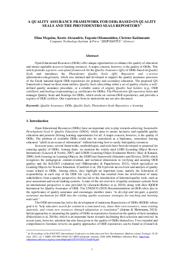 (PDF) A QUALITY ASSURANCE FRAMEWORK FOR OERs BASED ON QUALITY SEALS AND ...