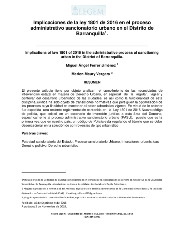 (PDF) Implicaciones de la ley 1801 de 2016 en el proceso administrativo ...