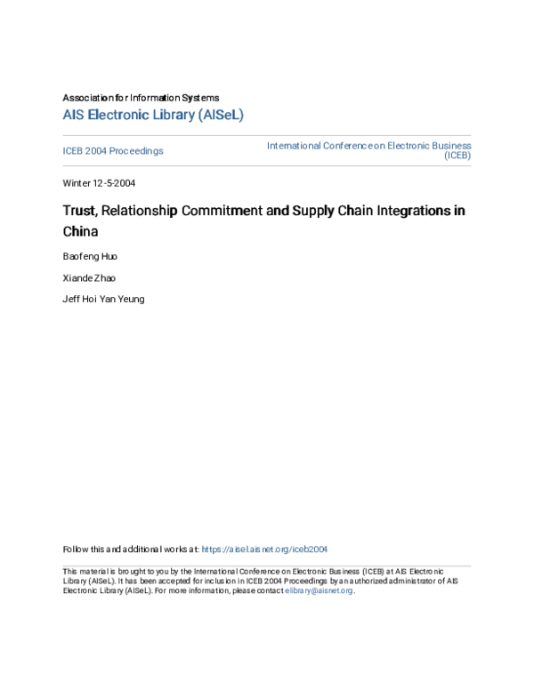(PDF) Trust, Relationship Commitment and Supply Chain Integration in China