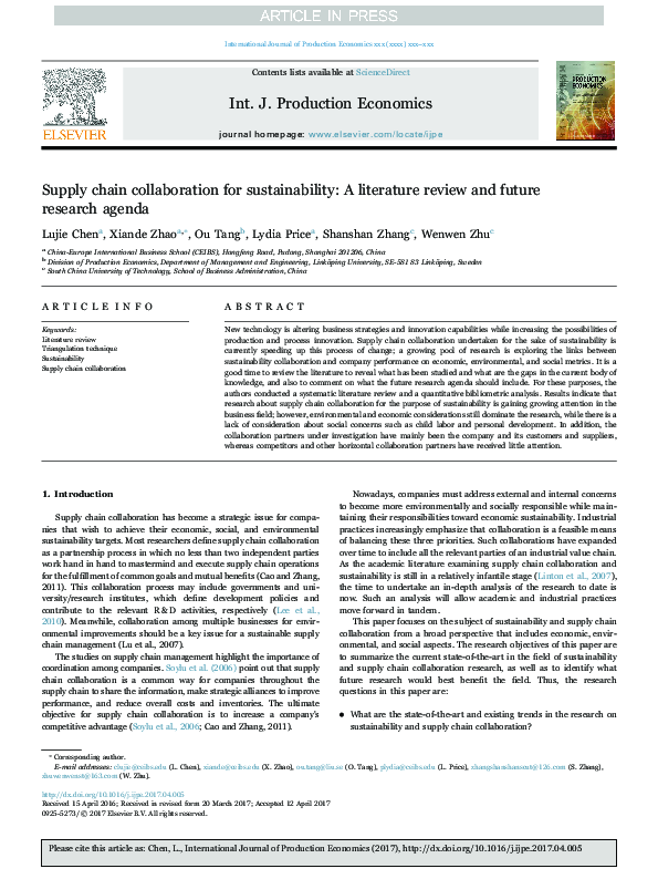 (PDF) Supply chain collaboration for sustainability: A literature ...