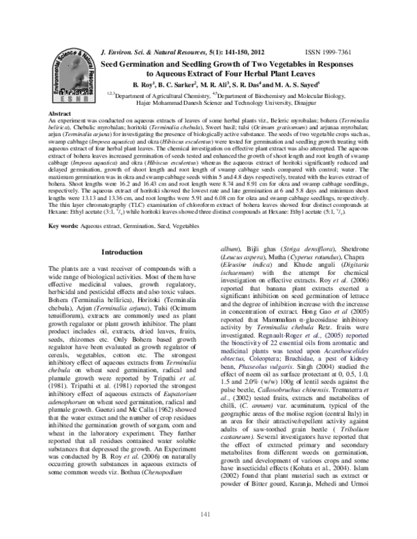 Seed Germination and Seedling Growth of Two Vegetables in Responses to Aqueous Extract of Four Herbal Plant Leaves