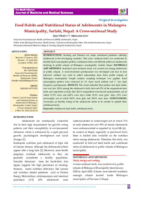 (PDF) Food Habits and Nutritional Status of Adolescents in Malangwa ...