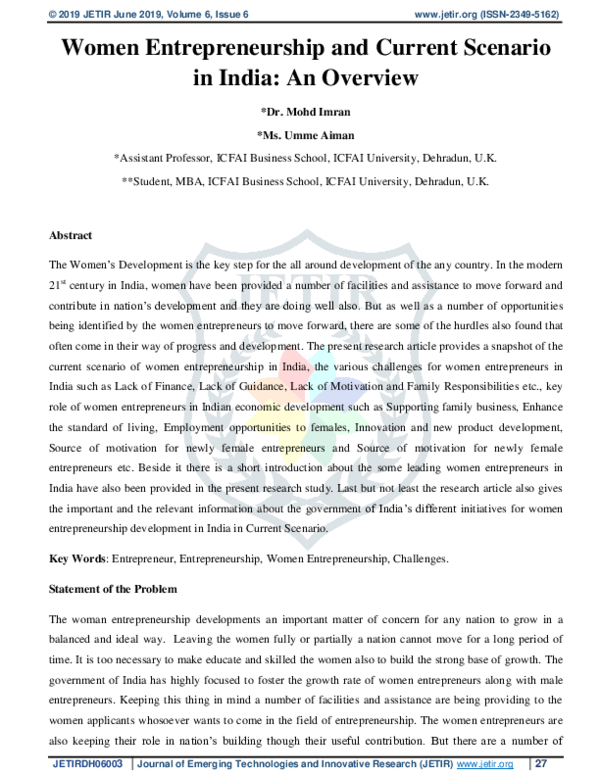 (PDF) Women Entrepreneurship and Current Scenario in India: An Overview