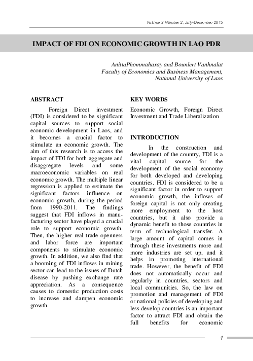 (PDF) Impact of Fdi on Economic Growth in Lao PDR