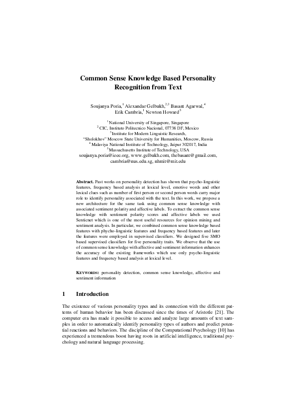 (PDF) Common Sense Knowledge Based Personality Recognition from Text