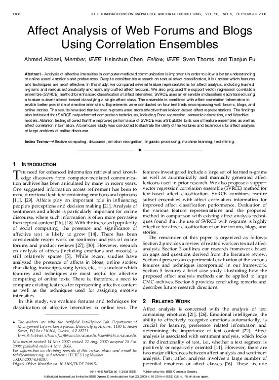 (PDF) Affect Analysis of Web Forums and Blogs Using Correlation Ensembles