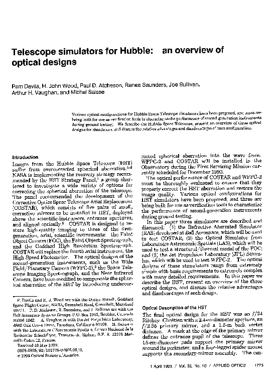 (PDF) Telescope simulators for Hubble an overview of optical designs
