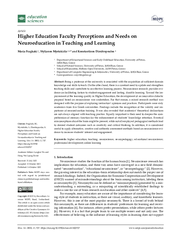 (PDF) Higher Education Faculty Perceptions and Needs on Neuroeducation ...