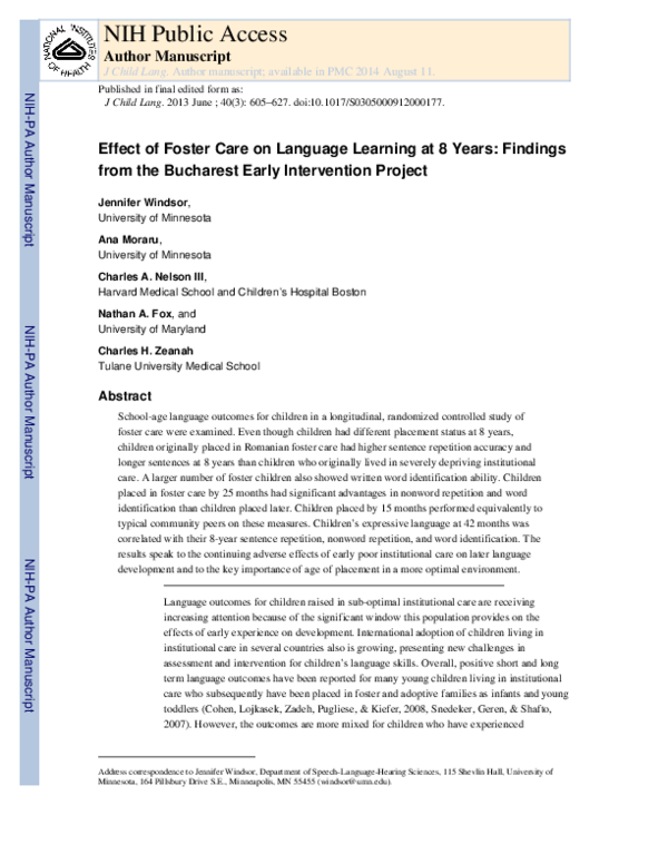 (PDF) Effect of foster care on language learning at eight years ...