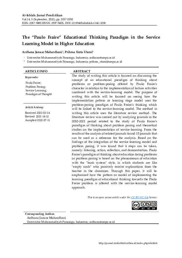 (PDF) The “Paulo Fraire” Educational Thinking Paradigm in the Service ...