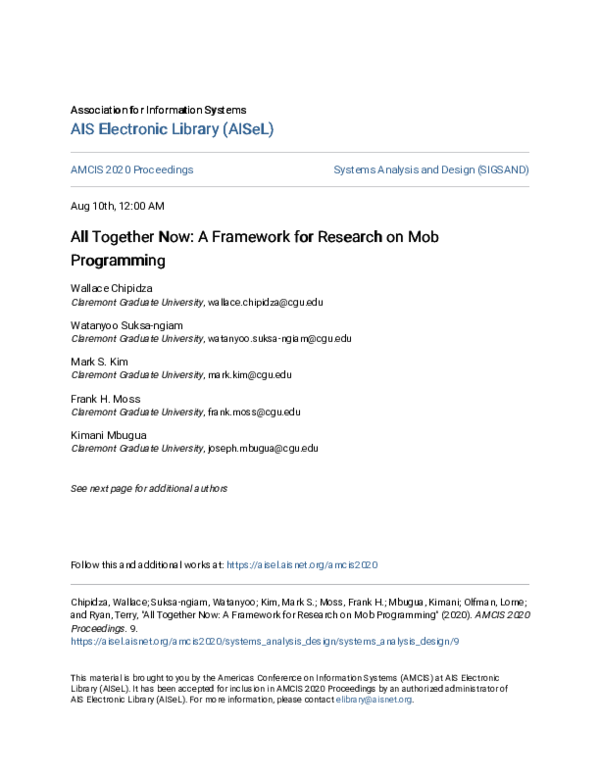 (PDF) All Together Now: A Framework for Research on Mob Programming
