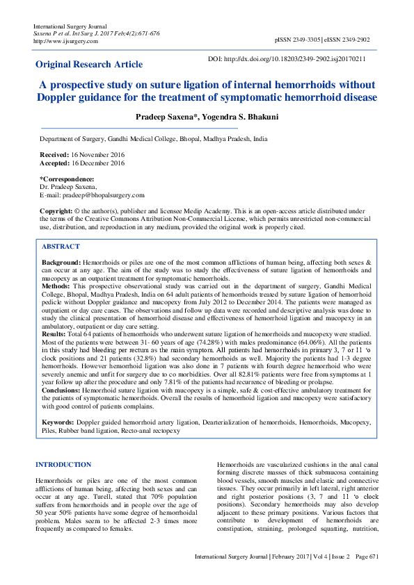 (PDF) A prospective study on suture ligation of internal hemorrhoids