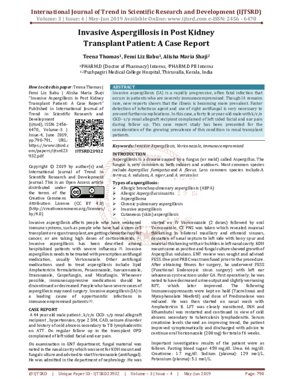 (PDF) Invasive Aspergillosis in Post Kidney Transplant Patient A Case