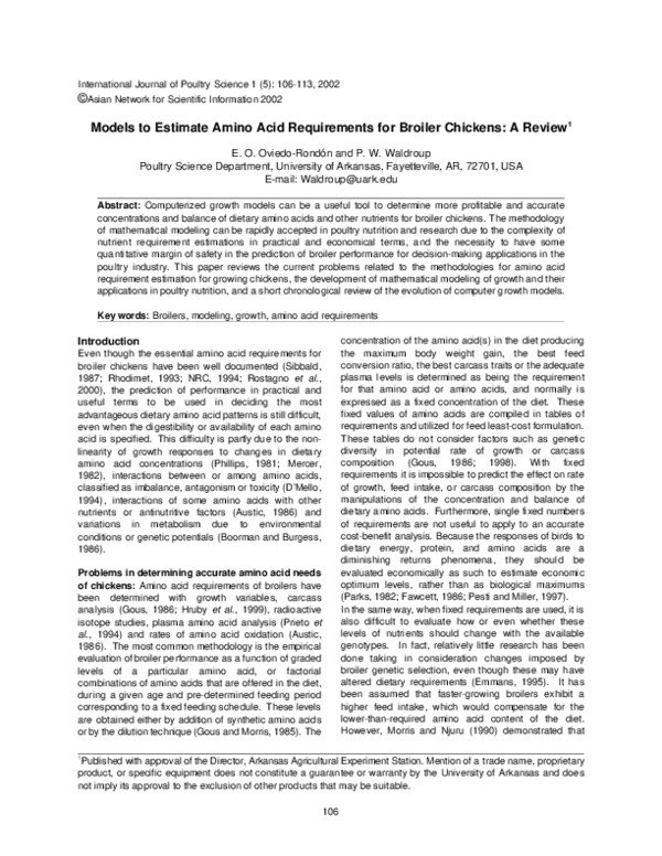 (PDF) Models to Estimate Amino Acid Requirements for Broiler Chickens