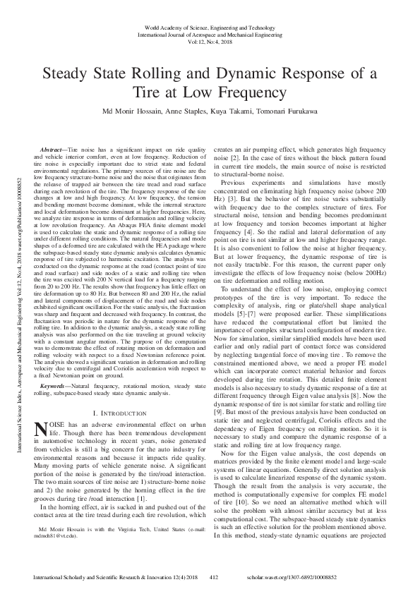 (PDF) Steady State Rolling And Dynamic Response Of A Tire At Low Frequency
