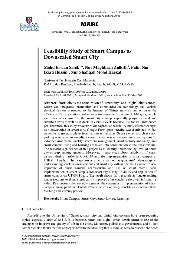 (PDF) Feasibility Study of Smart Campus as Downscaled Smart City