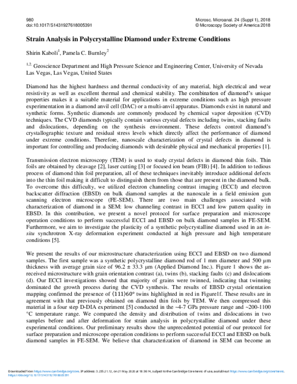 (PDF) Strain Analysis in Polycrystalline Diamond under Extreme Conditions