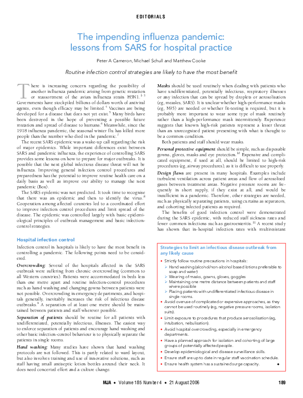 (PDF) The impending influenza pandemic: lessons from SARS for hospital ...