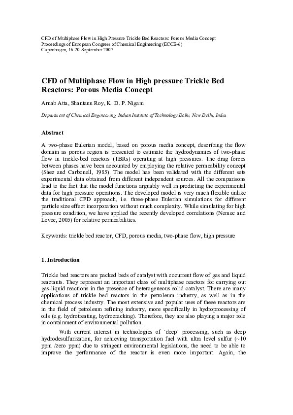 (PDF) CFD of Multiphase Flow in High pressure Trickle Bed Reactors ...