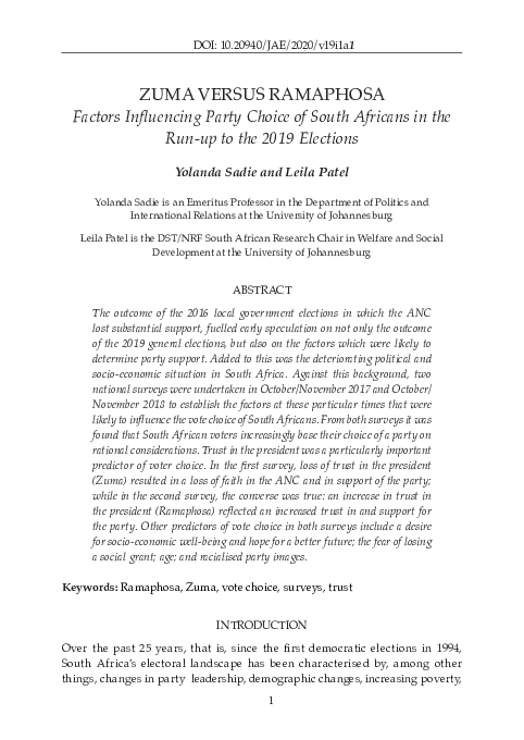 (PDF) Zuma versus Ramaphosa: Factors Influencing Party Choice of South ...