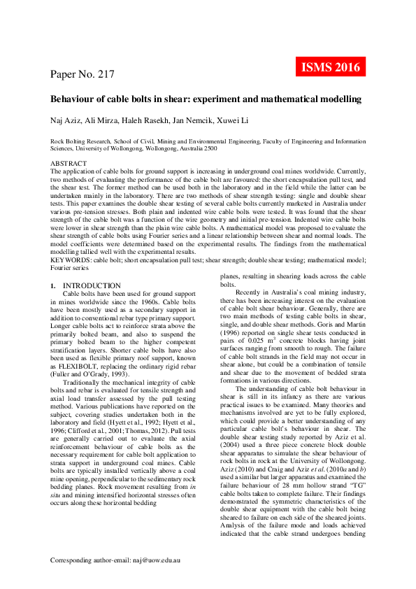 (PDF) Behaviour of cable bolts in shear: experiment and mathematical ...