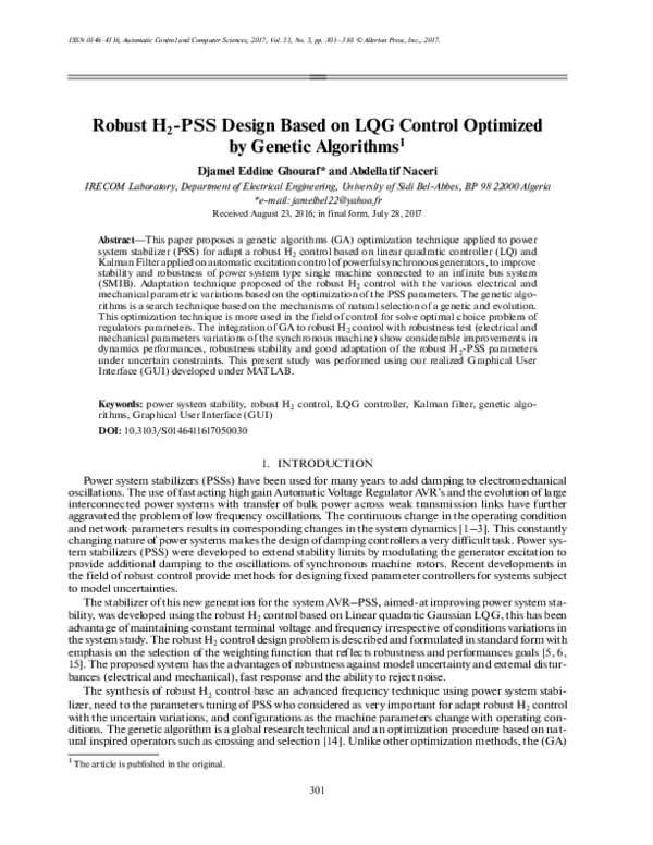 (PDF) Robust H2-PSS design based on LQG control optimized by genetic ...