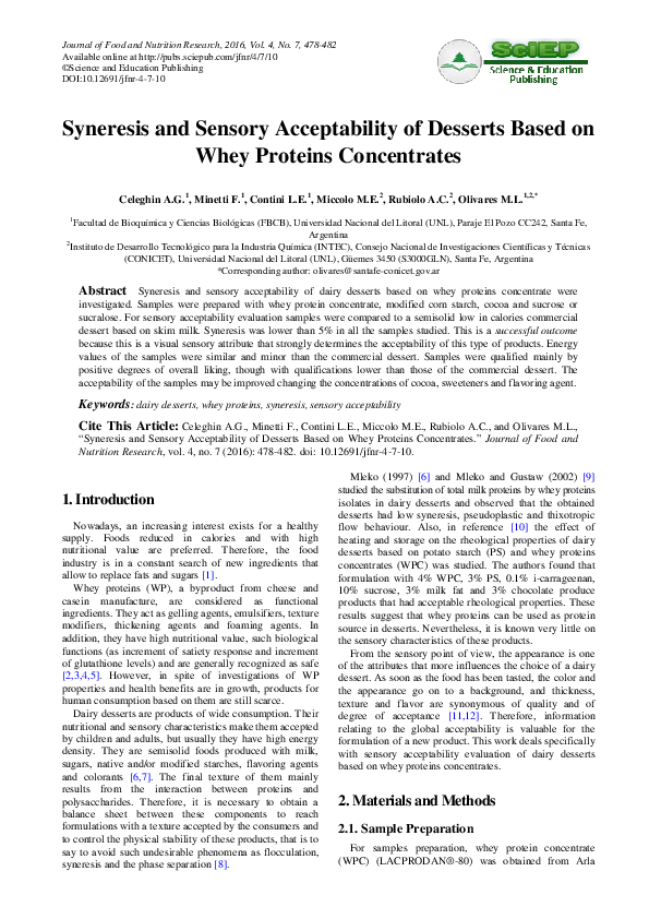 (PDF) Syneresis and Sensory Acceptability of Desserts Based on Whey ...