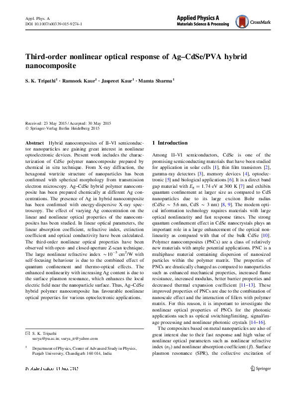 (PDF) Third-order nonlinear optical response of Ag–CdSe/PVA hybrid ...