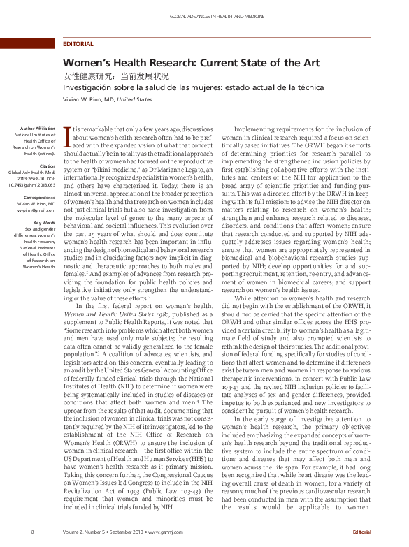 (PDF) Women's Health Research Current State of the Art Vivian Pinn