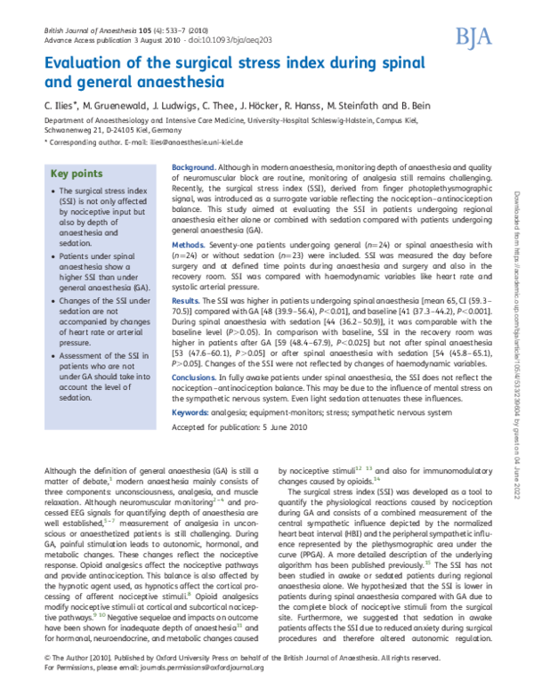 (PDF) Evaluation of the surgical stress index during spinal and general ...