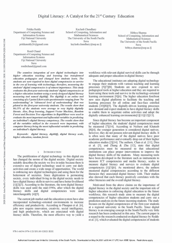 (PDF) Digital Literacy: A Catalyst for the 21st Century Education