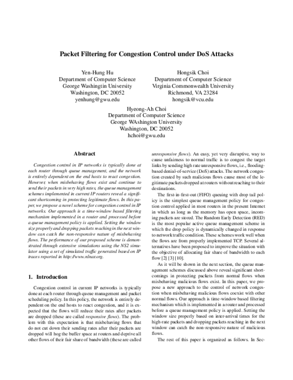 (PDF) Packet filtering for congestion control under DoS attacks