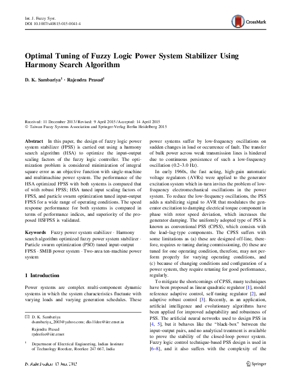 (PDF) Optimal Tuning of Fuzzy Logic Power System Stabilizer Using ...