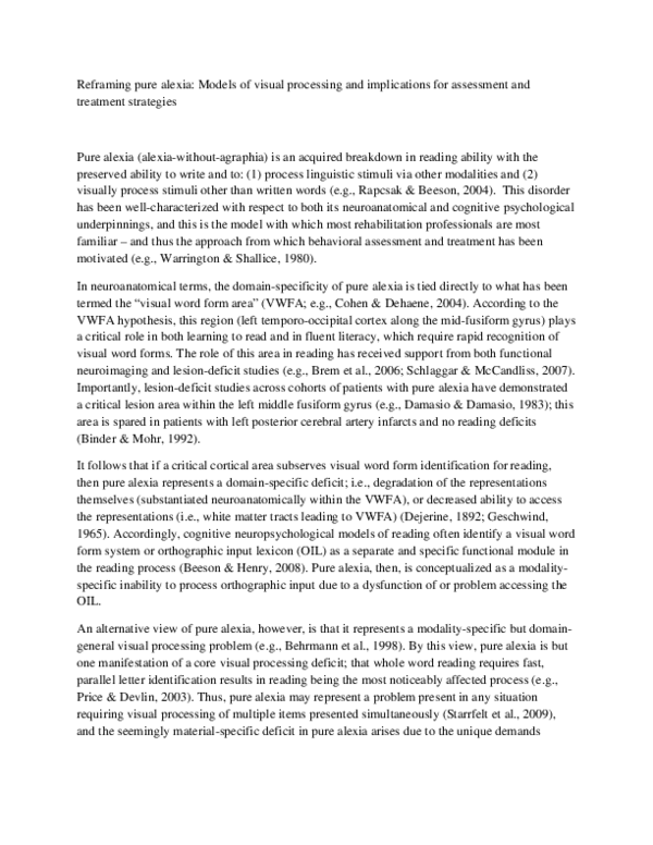 (PDF) Reframing pure alexia: Models of visual processing and ...