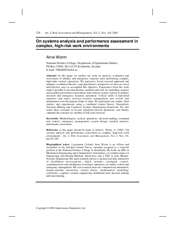 (PDF) On systems analysis and performance assessment in complex, high ...