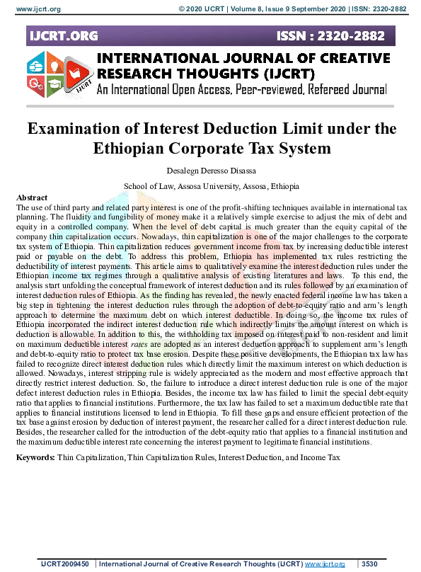 (PDF) Examination of Interest Deduction Limit under the Ethiopian Corporate Tax System
