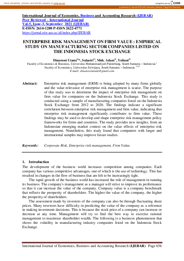 (PDF) Enterprise Risk Management on Firm Value : Empirical Study on ...