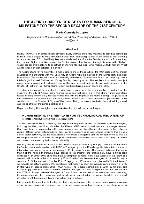 (PDF) The Aveiro charter of rights for human beings: a milestone for ...