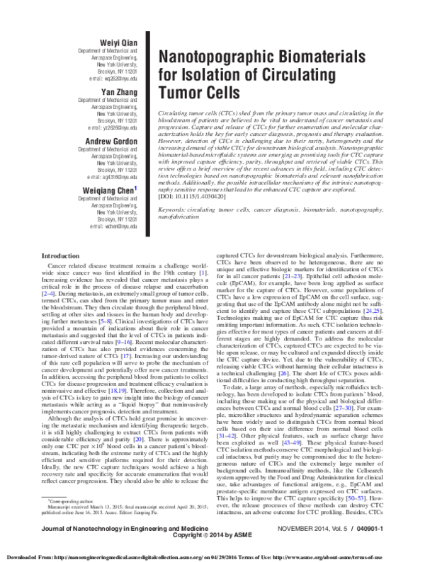 (PDF) Nanotopographic Biomaterials for Isolation of Circulating Tumor Cells